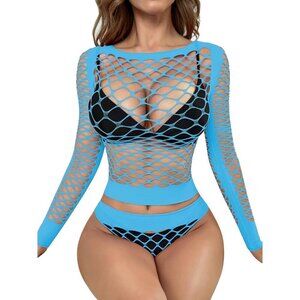 🆕Women Light Blue Mesh Fishnet Lingerie See Through Long Sleeve Baby doll